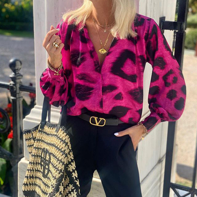 Fashion Special V-neck Long Sleeve Bohemian Leopard Top