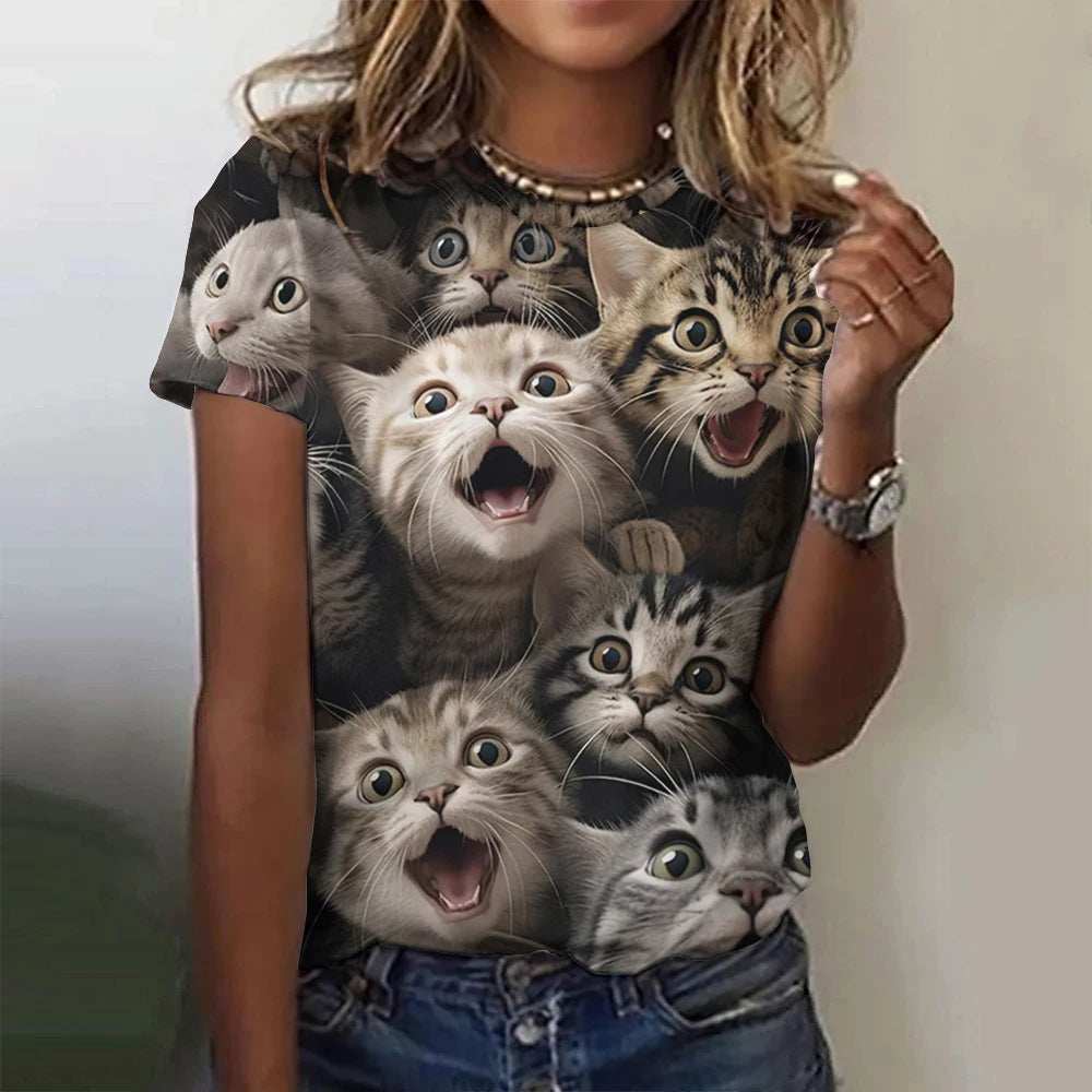 Summer Short-sleeved Women's T-shirt 3D Cat Printing