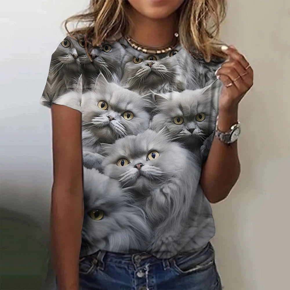 Summer Short-sleeved Women's T-shirt 3D Cat Printing