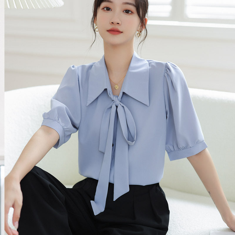 Smoke Blue Short-sleeved Chiffon Shirt Korean Style Ribbon Top Design Sense