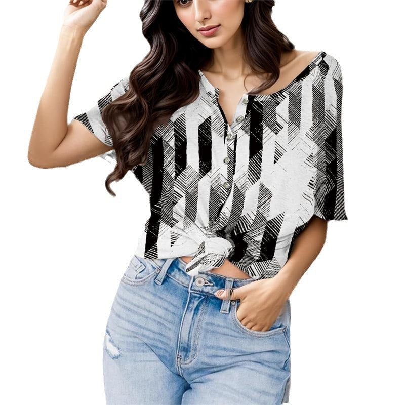 Fashion V-neck Printed Button Short Sleeve Women's Blouse