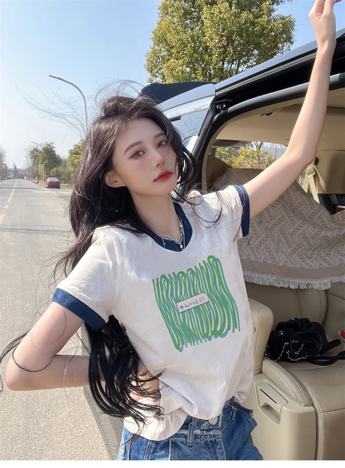 Cotton Loose Color Contrast Patchwork Cartoon Shoulder T-shirt