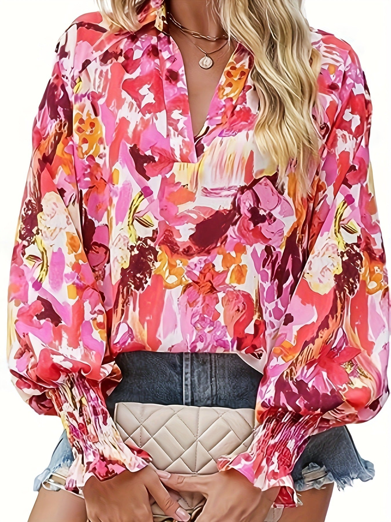 Casual V-neck Lantern Long Sleeve Printed Top Shirt