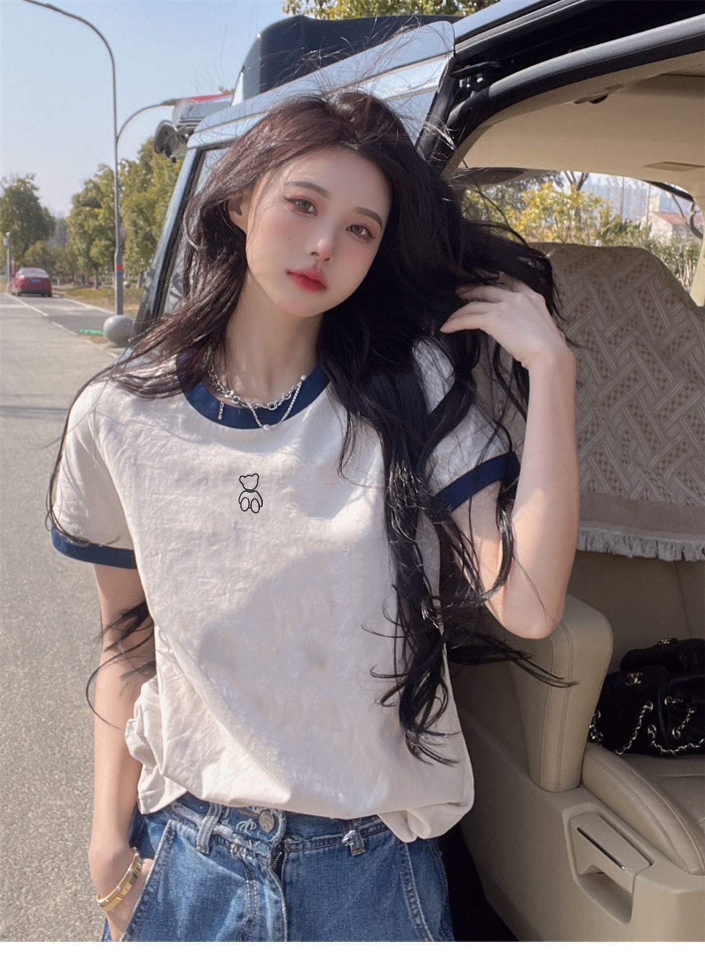 Cotton Loose Color Contrast Patchwork Cartoon Shoulder T-shirt