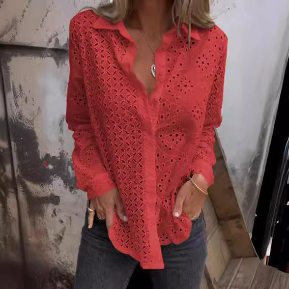 Women's Shirt Hollow Printed Loose Button Mesh Top