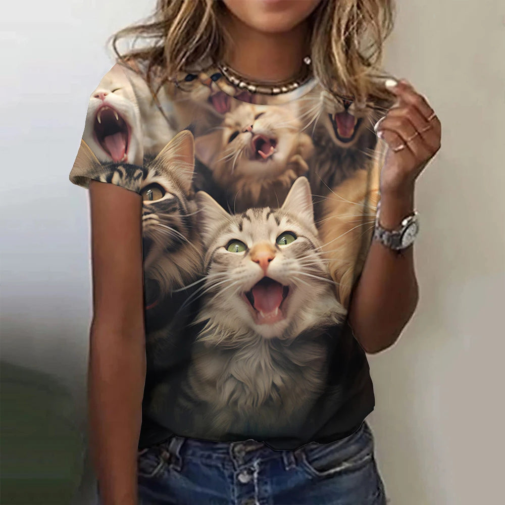 Summer Short-sleeved Women's T-shirt 3D Cat Printing