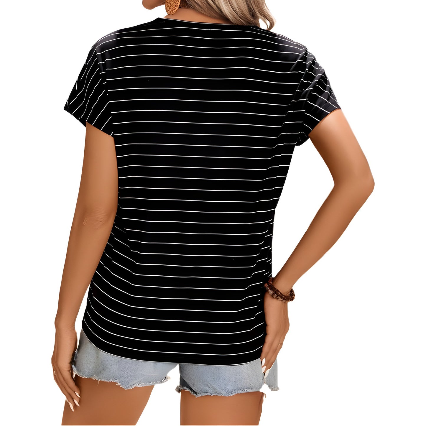 European And American Stitching V-neck Striped Casual Women's Top T-shirt