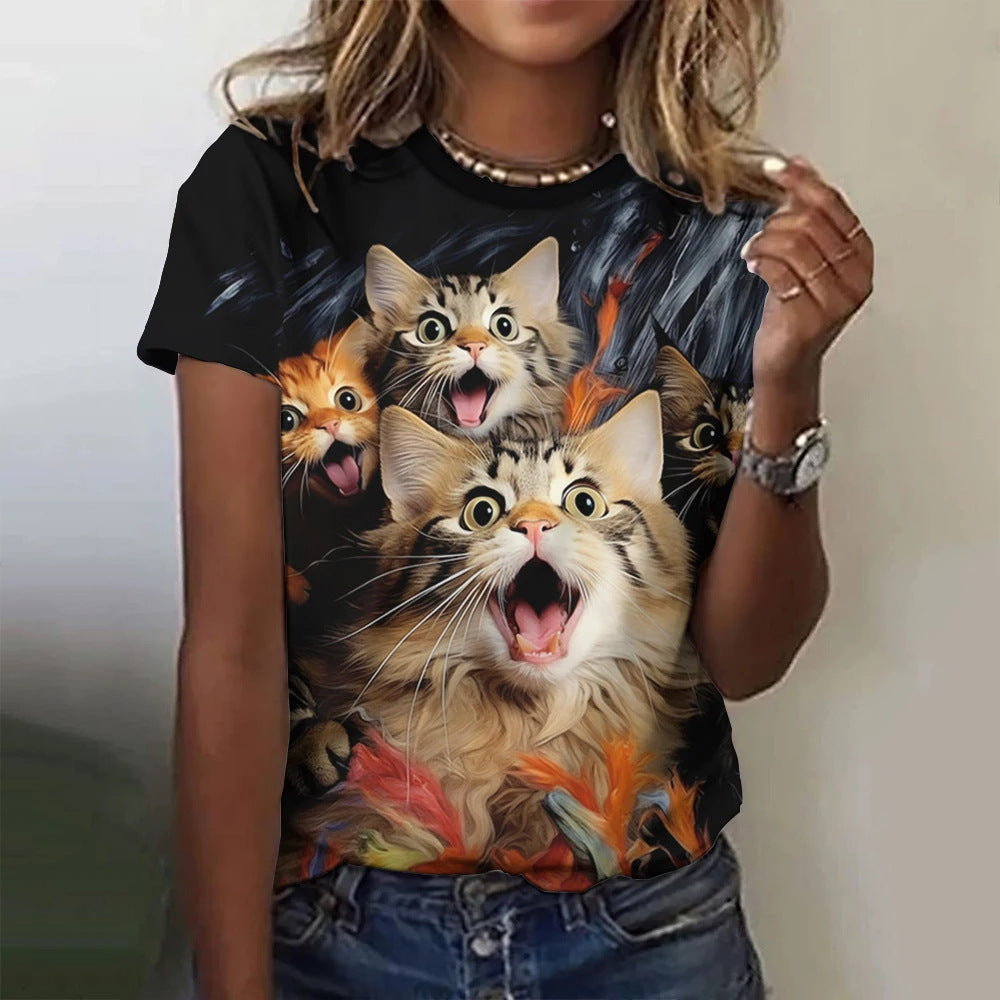 Summer Short-sleeved Women's T-shirt 3D Cat Printing