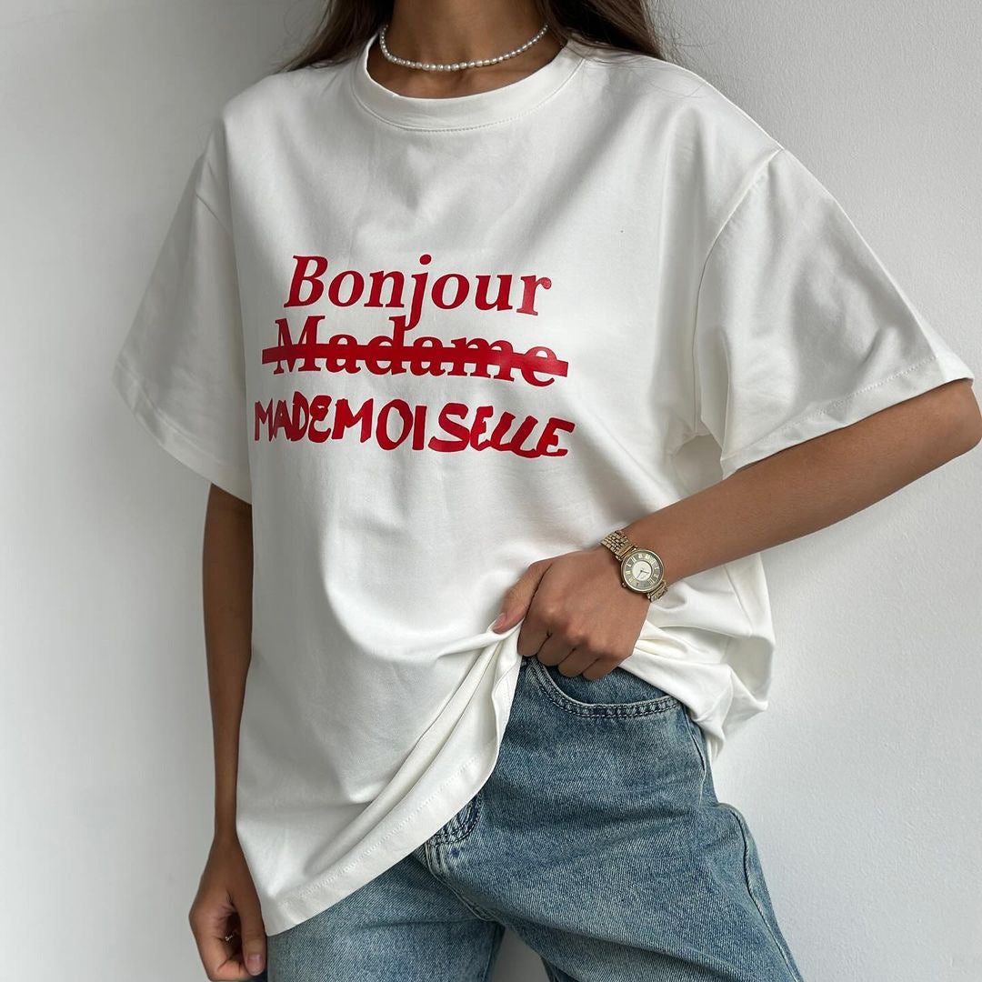 Women's Letter Print Contrast Color Loose T-shirt Pullover