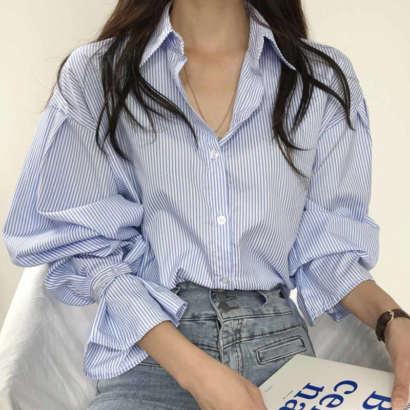 Lapel Contrast Color Striped Single-breasted Loose All-match Puff Sleeve Shirt