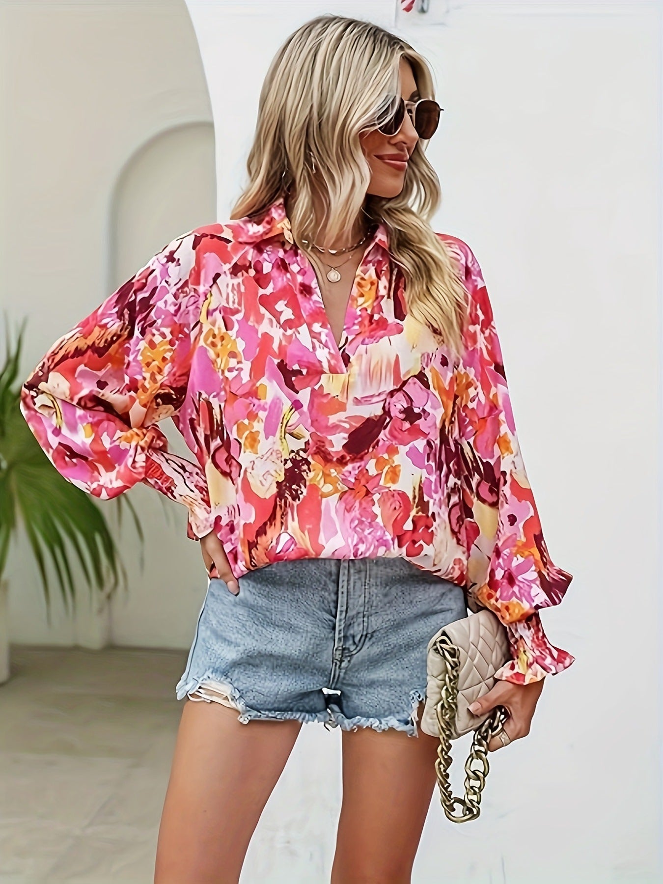 Casual V-neck Lantern Long Sleeve Printed Top Shirt