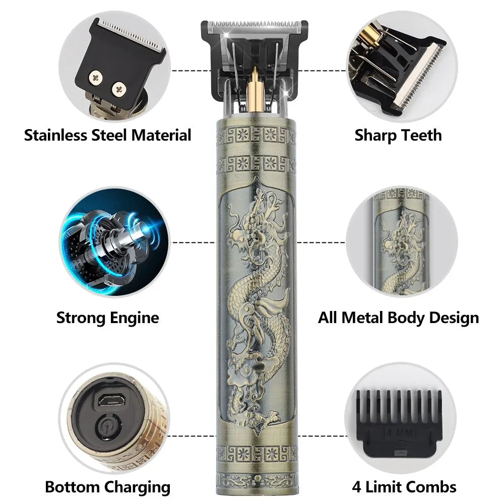 Vintage T9 Electric Hair Clipper - Professional Rechargeable Barber Trimmer for Men, Dragon Buddha Design