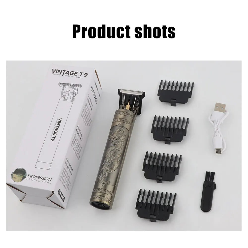 Vintage T9 Electric Hair Clipper - Professional Rechargeable Barber Trimmer for Men, Dragon Buddha Design