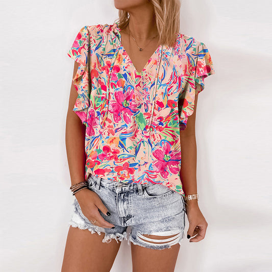 Women's Thin V-neck Ruffled Printed Short-sleeved Shirt