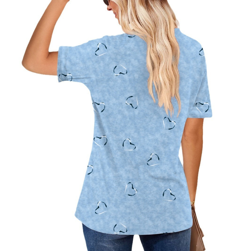 Women's Fashion Casual Printing Button V-neck T-shirt