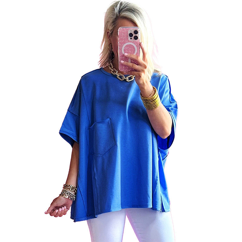 Women's Solid Color Loose Pockets Stitching Short-sleeved Top T-shirt