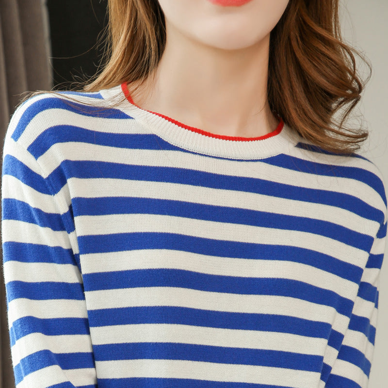 Round Neck Striped Sweater Women's Cotton Long Sleeve T-shirt Navy-striped Shirt Loose Bottoming Shirt