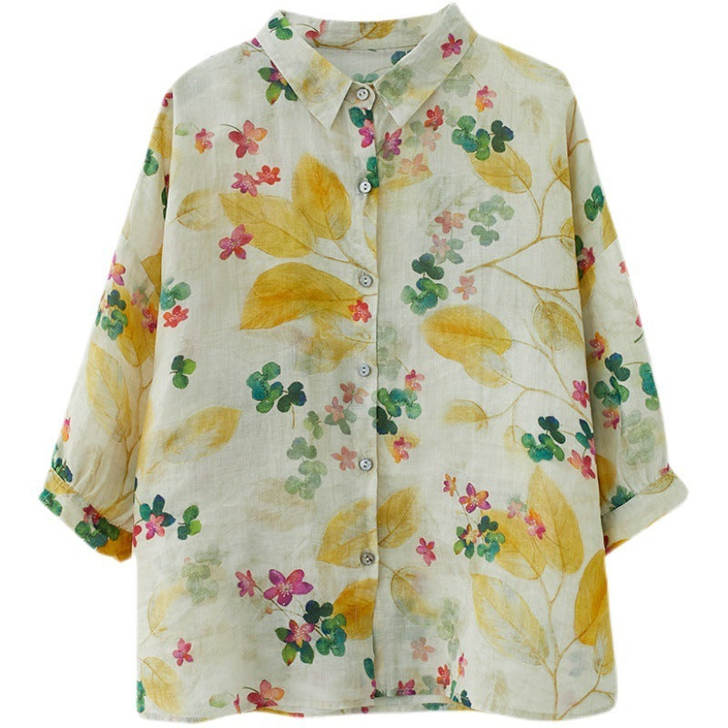 Women's Loose Retro Western Style Elegant Floral Cotton And Linen Shirt