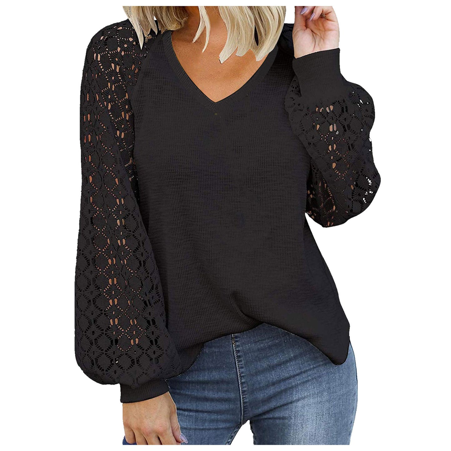 Women's V-neck Long Sleeve Lace Stitching Loose Shirt