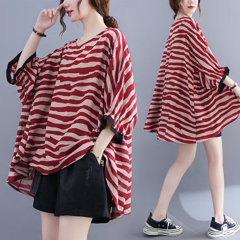 Summer Women's Loose Plus Size Striped Batwing Sleeve T-shirt