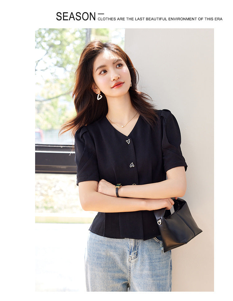 Lady Temperament V-neck Puff Short Sleeve Solid Color Slim Fit Slimming Shirt