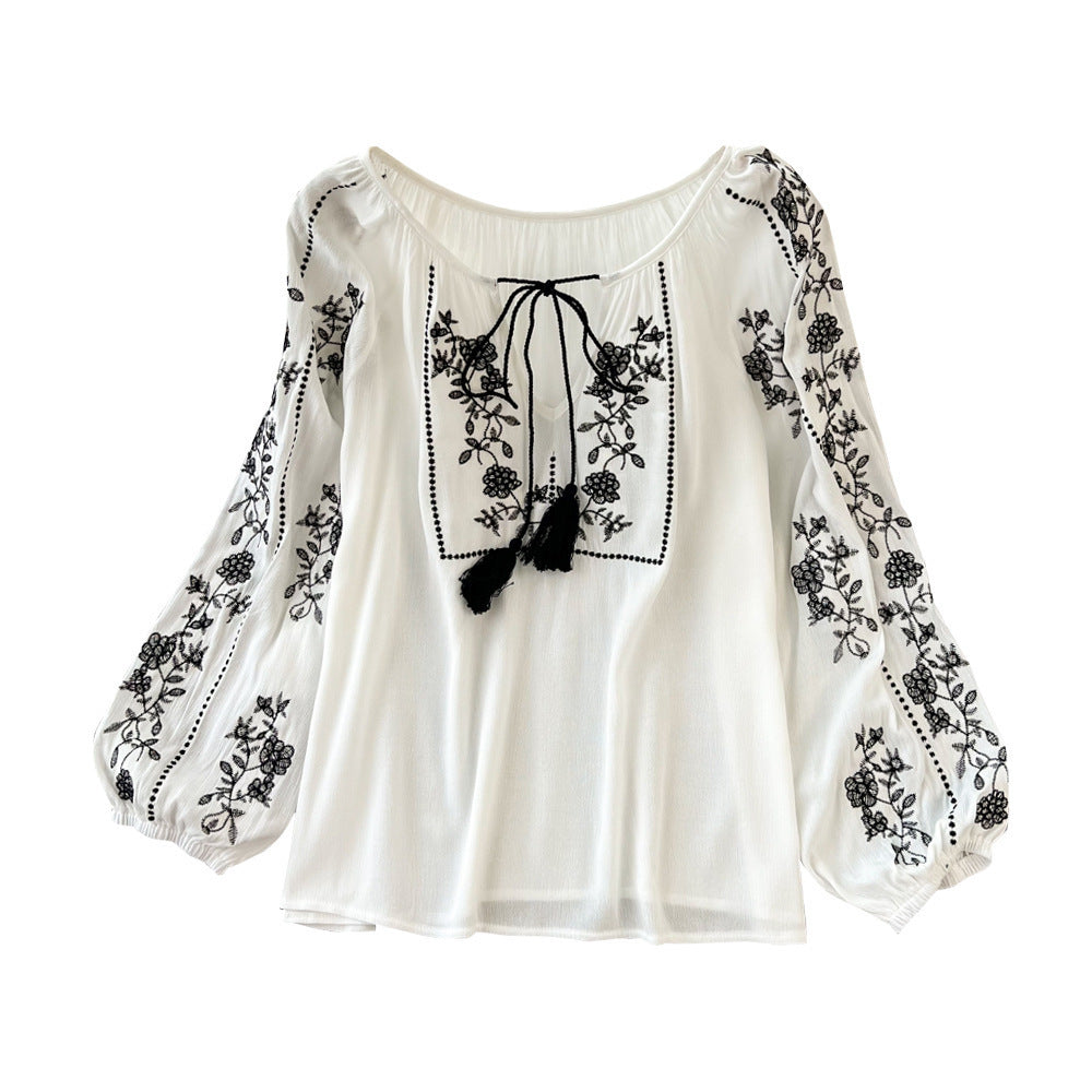 Retro Ethnic Style Temperament Long Sleeve Round Neck Pullover Embroidery Loose Shirt