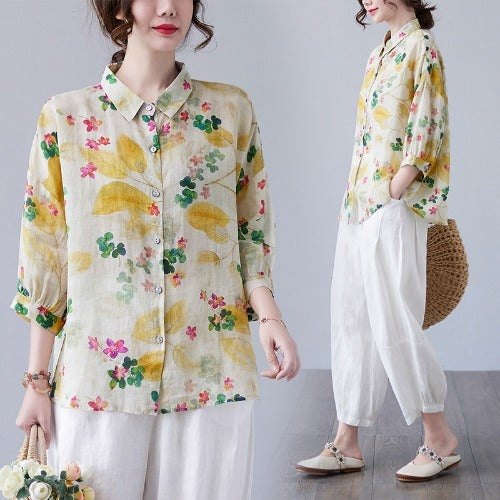 Women's Loose Retro Western Style Elegant Floral Cotton And Linen Shirt