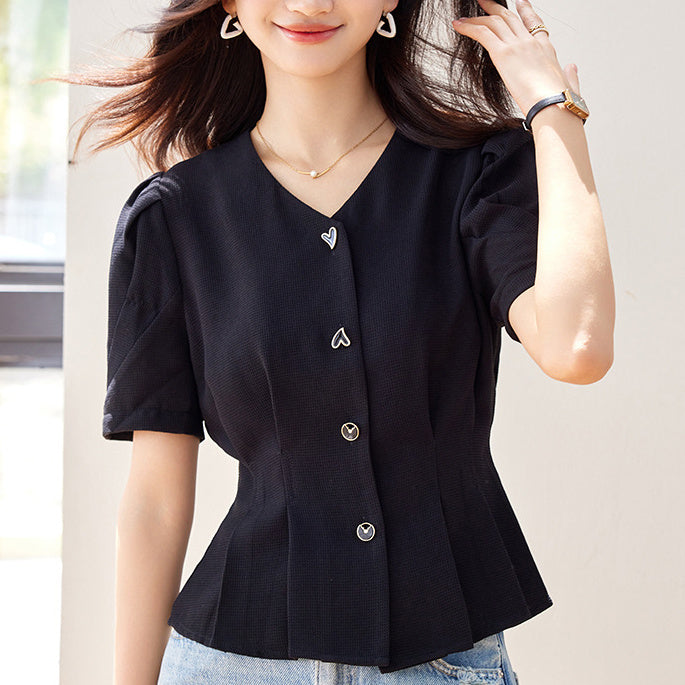 Lady Temperament V-neck Puff Short Sleeve Solid Color Slim Fit Slimming Shirt