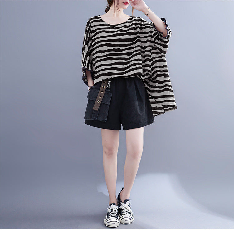 Summer Women's Loose Plus Size Striped Batwing Sleeve T-shirt