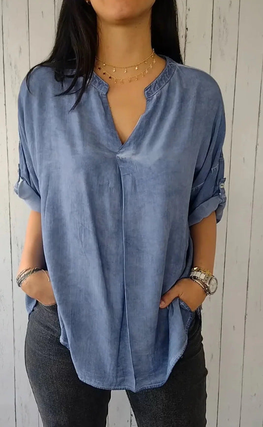 Women's Spring And Autumn V-neck Cotton And Linen Pure Plus Size Shirt