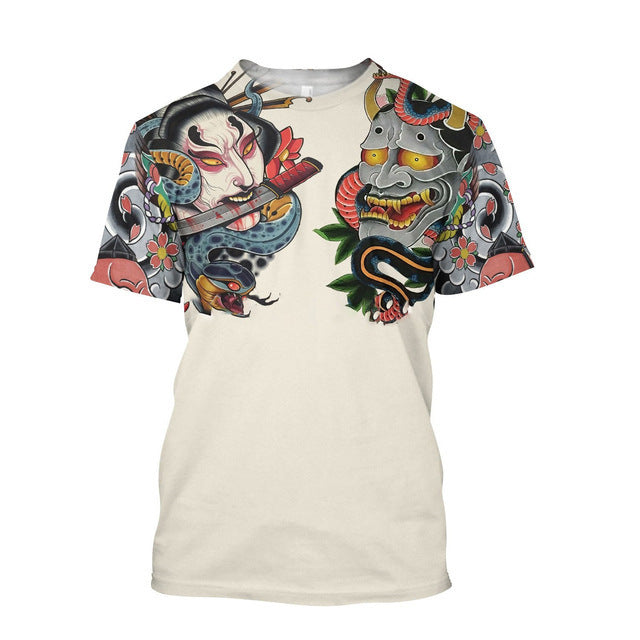 3D Men's T-shirt Samurai Printed T-shirt Loose Round Neck