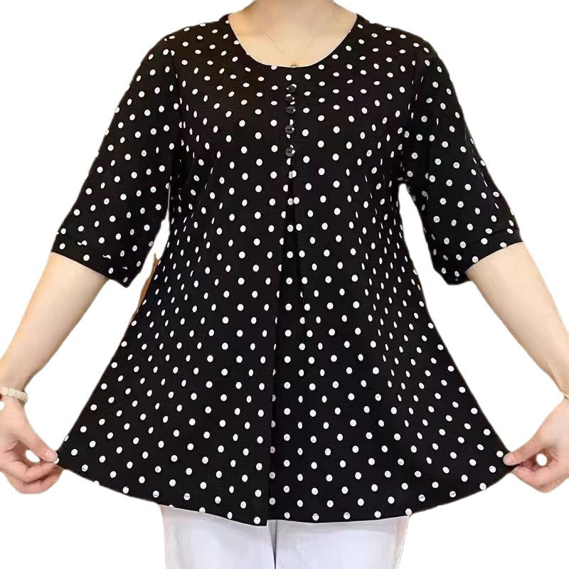 Round Neck Temperament Youthful-looking Korean Style Plus Size Medium Long Shirt Women's Polka Dot T-shirt