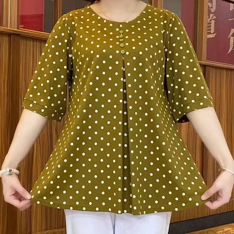 Round Neck Temperament Youthful-looking Korean Style Plus Size Medium Long Shirt Women's Polka Dot T-shirt