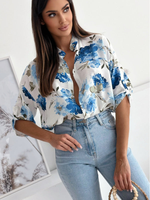 Loose Casual Print Shirt Half Collar Top