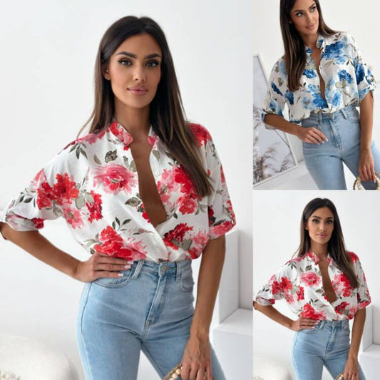 Loose Casual Print Shirt Half Collar Top