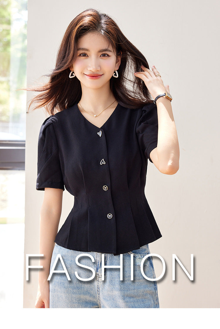 Lady Temperament V-neck Puff Short Sleeve Solid Color Slim Fit Slimming Shirt