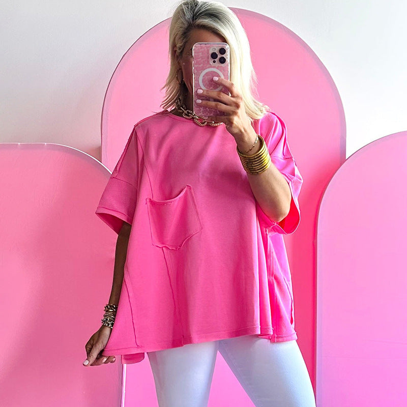 Women's Solid Color Loose Pockets Stitching Short-sleeved Top T-shirt