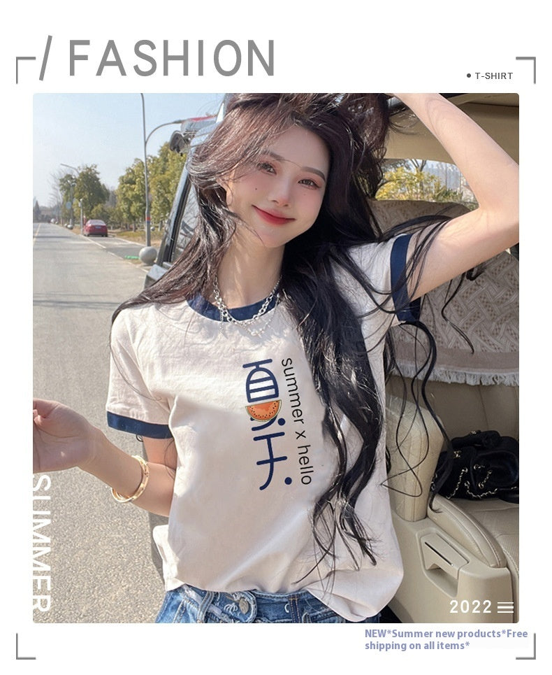 Cotton Loose Color Contrast Patchwork Cartoon Shoulder T-shirt