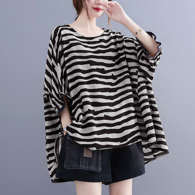 Summer Women's Loose Plus Size Striped Batwing Sleeve T-shirt