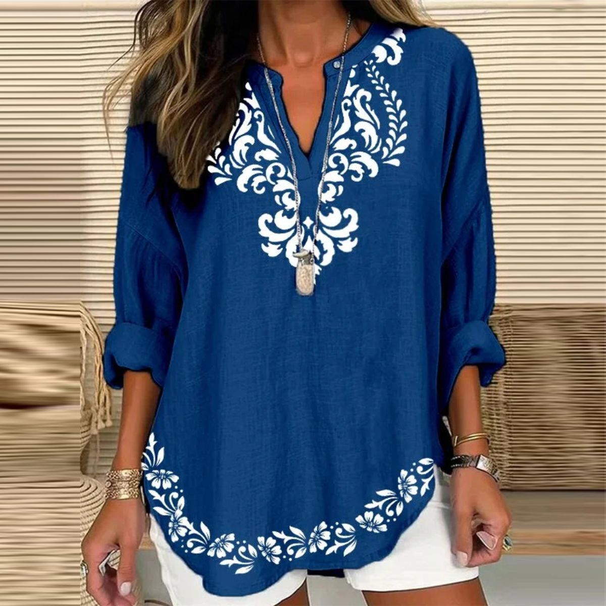 Small V-neck Long Sleeve Independence Day Floral Simple Casual Elegant T-shirt Long Sleeve