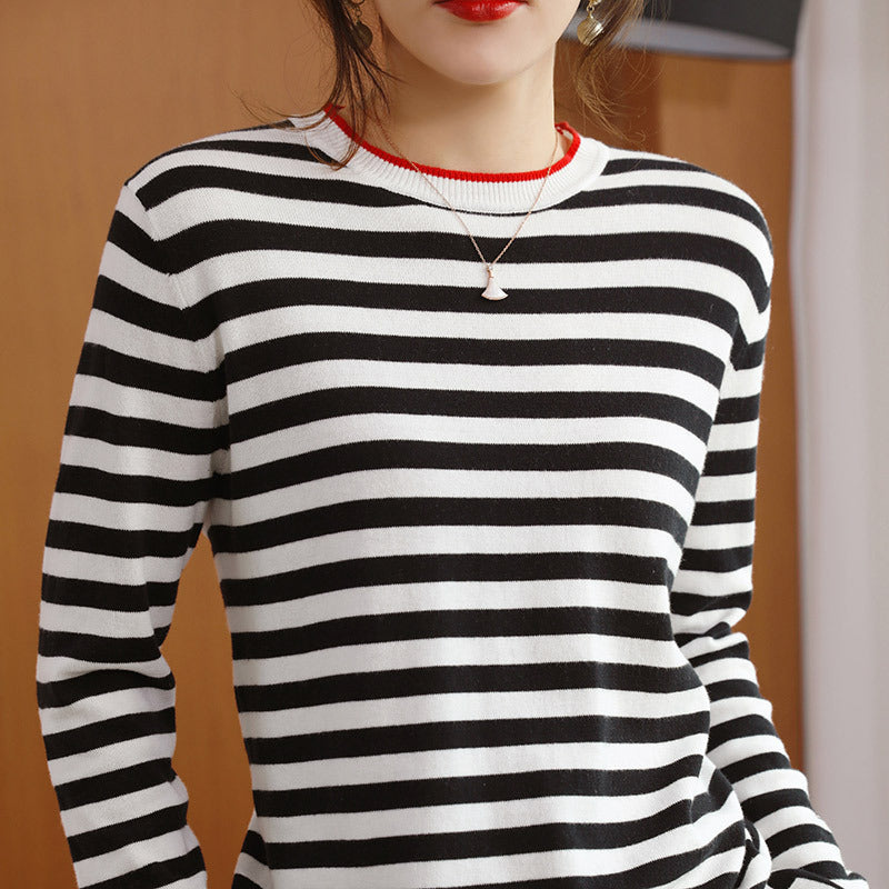 Round Neck Striped Sweater Women's Cotton Long Sleeve T-shirt Navy-striped Shirt Loose Bottoming Shirt